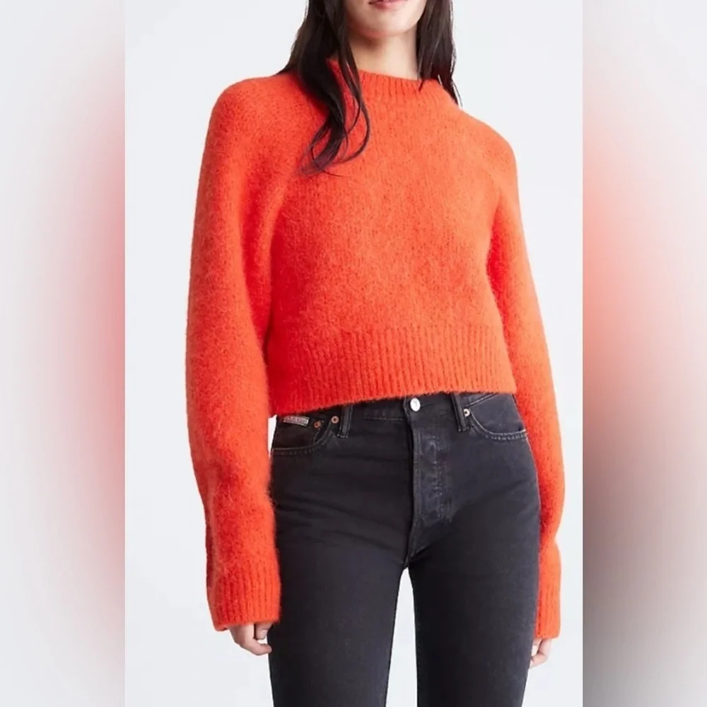 Calvin Klein Aplaca & Wool Chunky Red Warm Cropped Women’s Crewneck Sweater